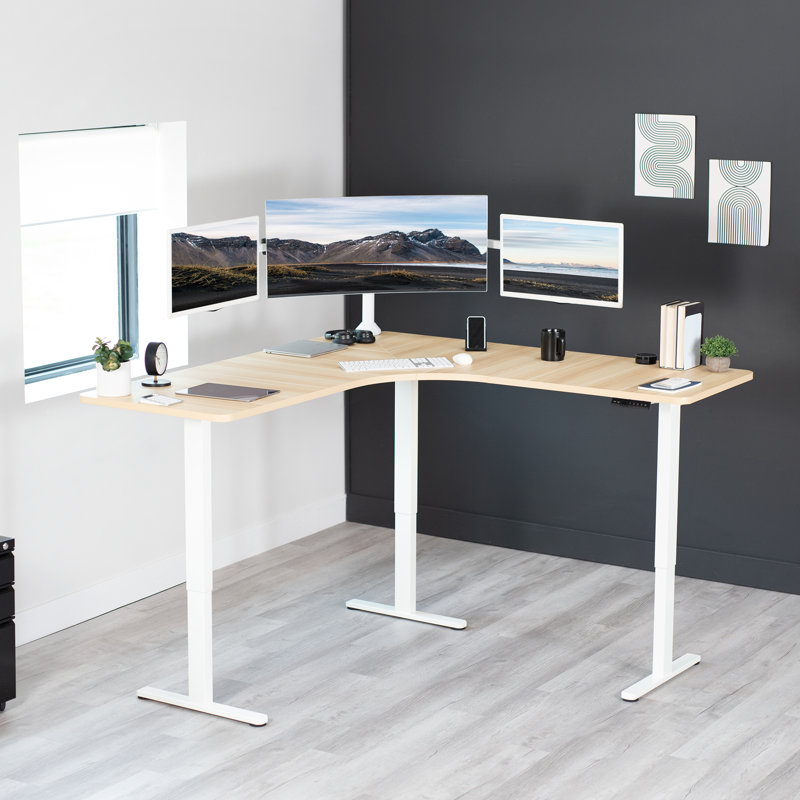 VIVO Electric 71" x 71" Curved Corner Stand Up Desk (E3CB2 Series), Light Wood/White
