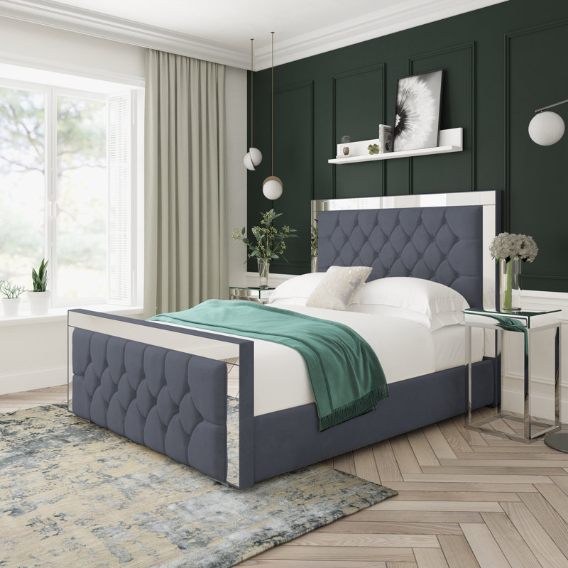 Sage Plush Velvet Upholstered Ottoman Bed Frame, Double (4'6), Steel