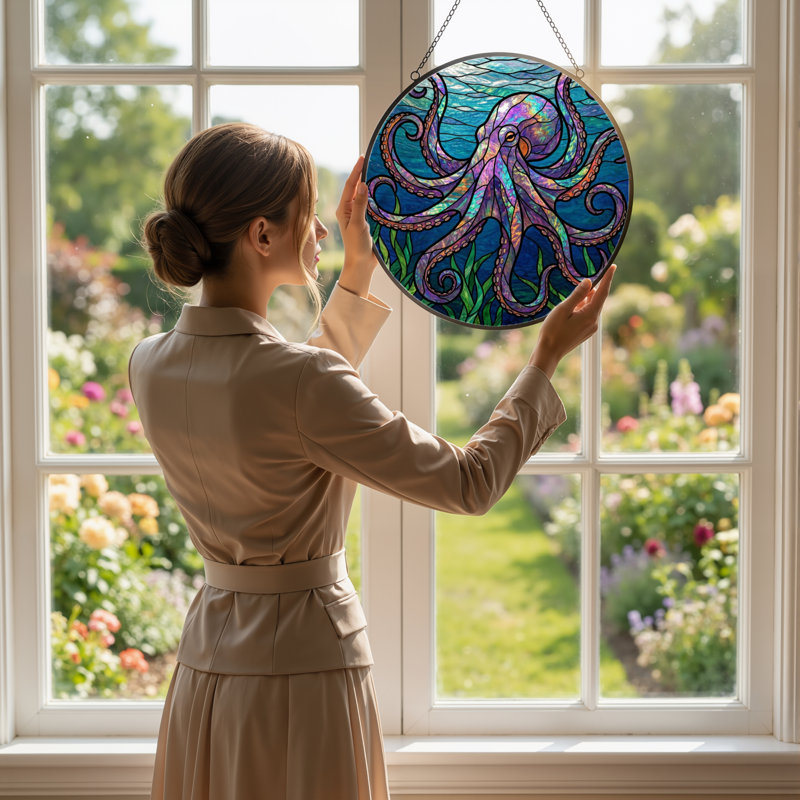 7.8"H Octopus Ocean Stained Glass Window Panel