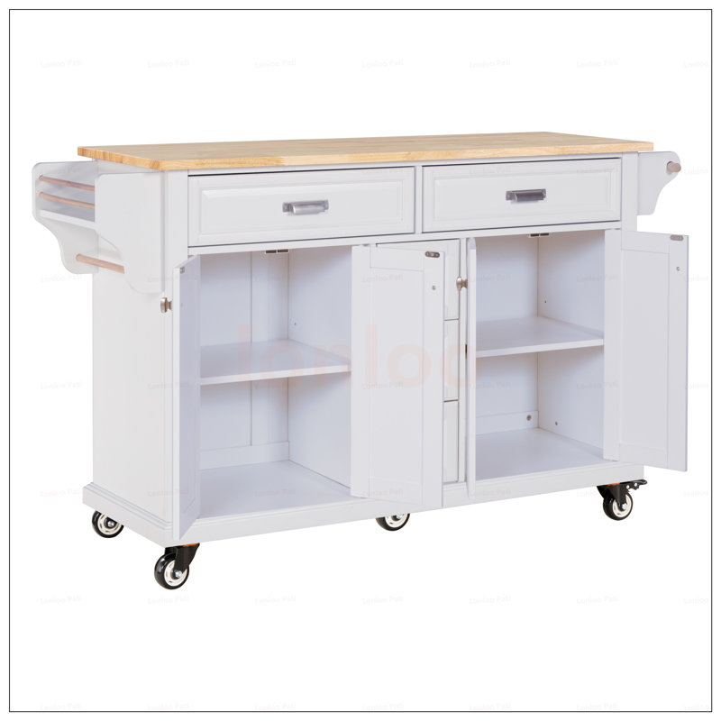 Durable Kitchen Island With Rubberwood Countertop, 5-Wheel Mobility, And Ample Storage For Enhanced Cooking Experience, White