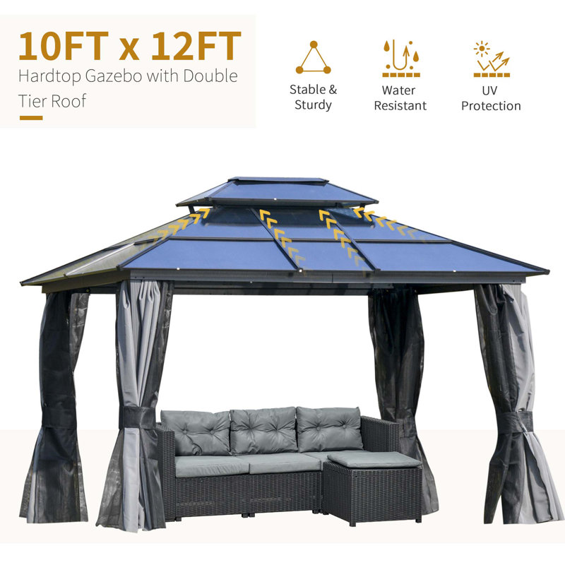 10' X 12' Hardtop Gazebo Canopy With Polycarbonate Double Roof, Aluminum Frame, Permanent Pavilion Outdoor Gazebo With Netting And Curtains For Patio, Garden, Backyard, Deck, Lawn