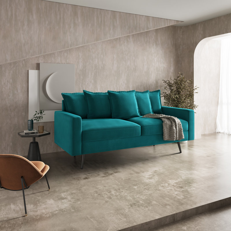 70" Velvet Square Arm Sofa, Teal Blue Velvet, Black