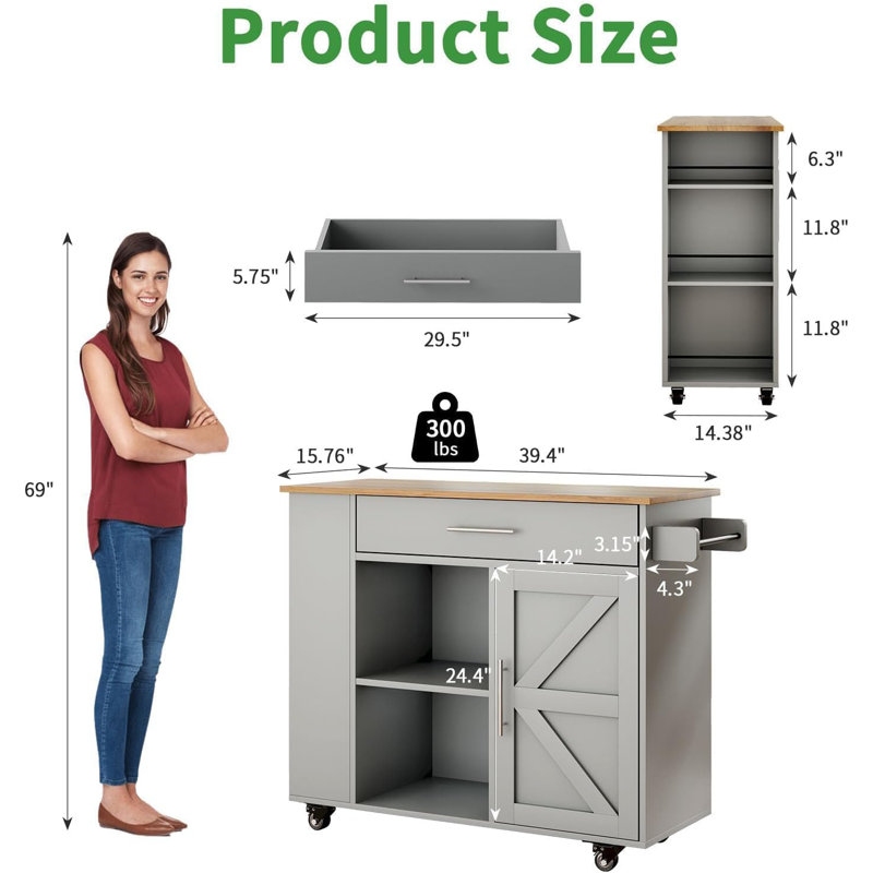 Island Table for Kitchen,Rolling Microwave Cart with Storage , Gray