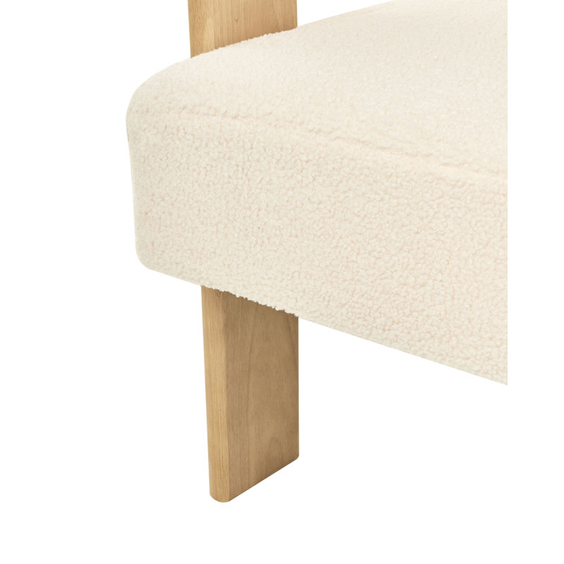 Upholstered Boucle Armchair, White, Beige Wood