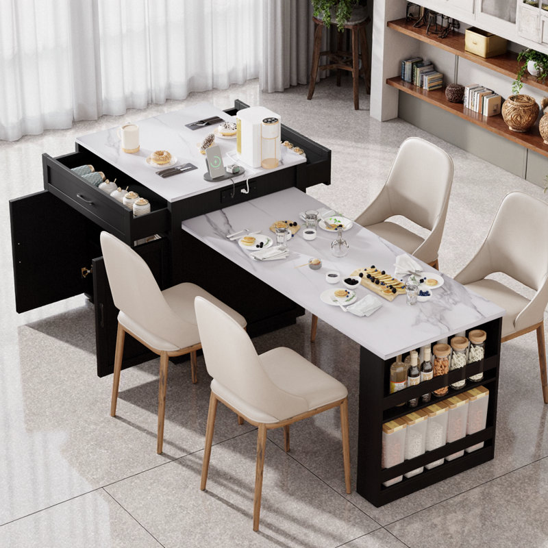 82.7" Kitchen Island with Extendable Dining Table for 4-6 People, Faux Marble Top, Double-Sized Storage, Power Outlet, Black