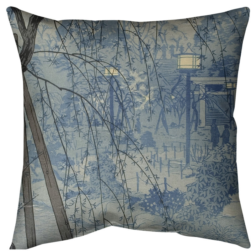 Coussin Euro Misty Evening at Shinobazu Pond, Bleu, Bourre en polyester, Simili suède
