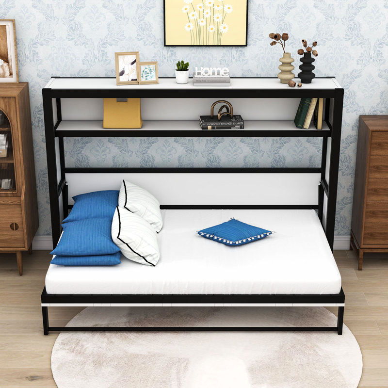 Lit escamotable simple en bois avec tablettes, Blanc noir