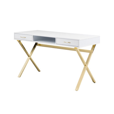 Waconia 47" White and Gold Wood and Metal Computer Desk With Two Drawers