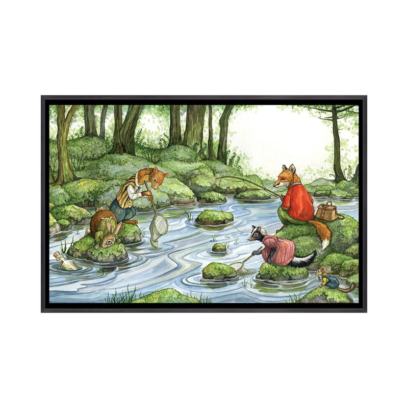Pêche avec le renard et ses amis, Toile encadrée flottante noire patinée, Pas de tapis, H 18 po x l 26 po x P 1,5 po