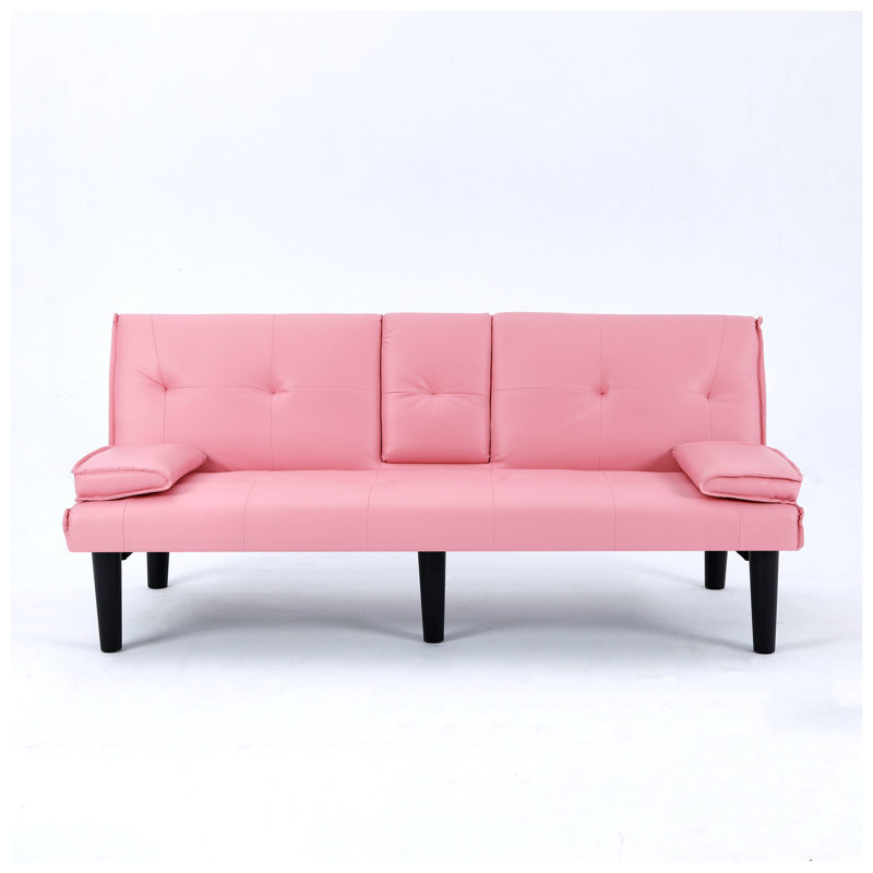 67-Inch Pink Convertible Sofa Bed with Cup Holders & Armrests - Modern PVC Sleeper Loveseat for Small Spaces, Dorms & Apartments