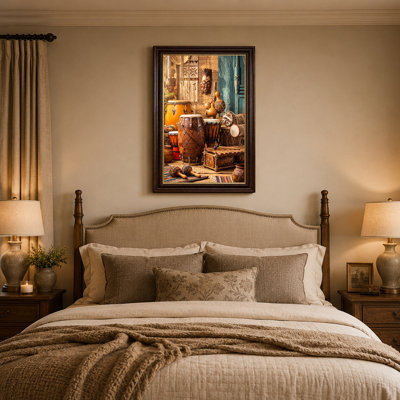 Carved Wooden Drums and Tribal Masks on Woven Mat Canvas Wall Art