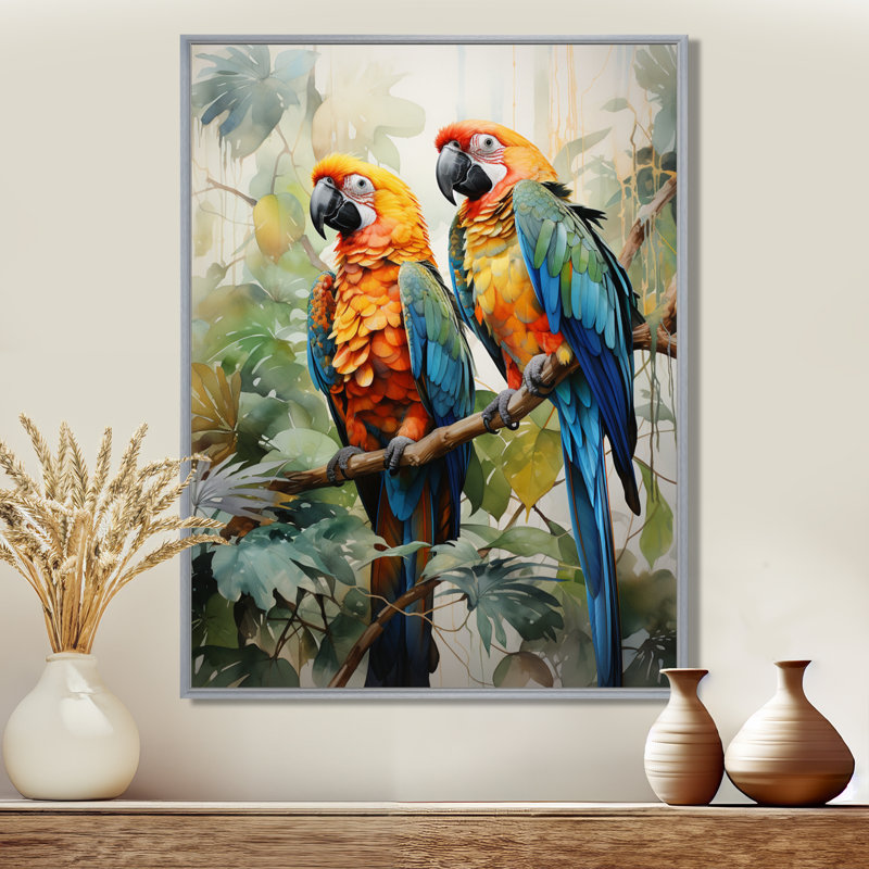 Deux perroquets sur une branche I - Impressions encadrées de perroquet, Encadrement argenté, 32" H x 24" W