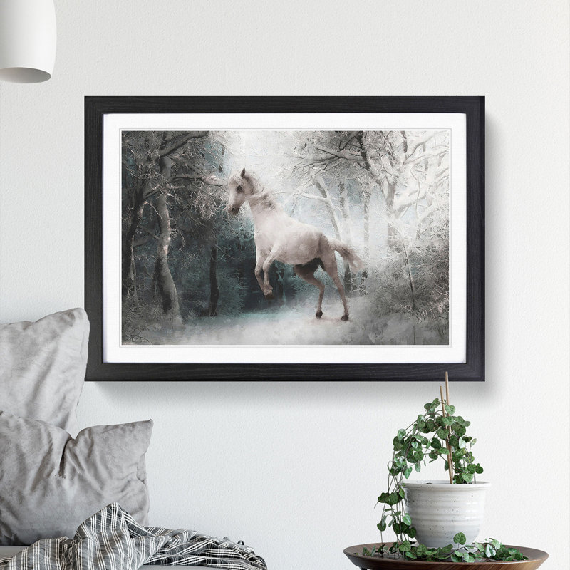 White Horse Rearing in a Winter Forest - Picture Frame Painting Print, Black Framed, 33cm H x 45cm W x 2cm D