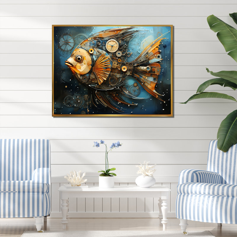 «Yellow Cubist Fish», art mural bleu, Cadre flottant doré, H 16 po x l 32 po x P 1 po