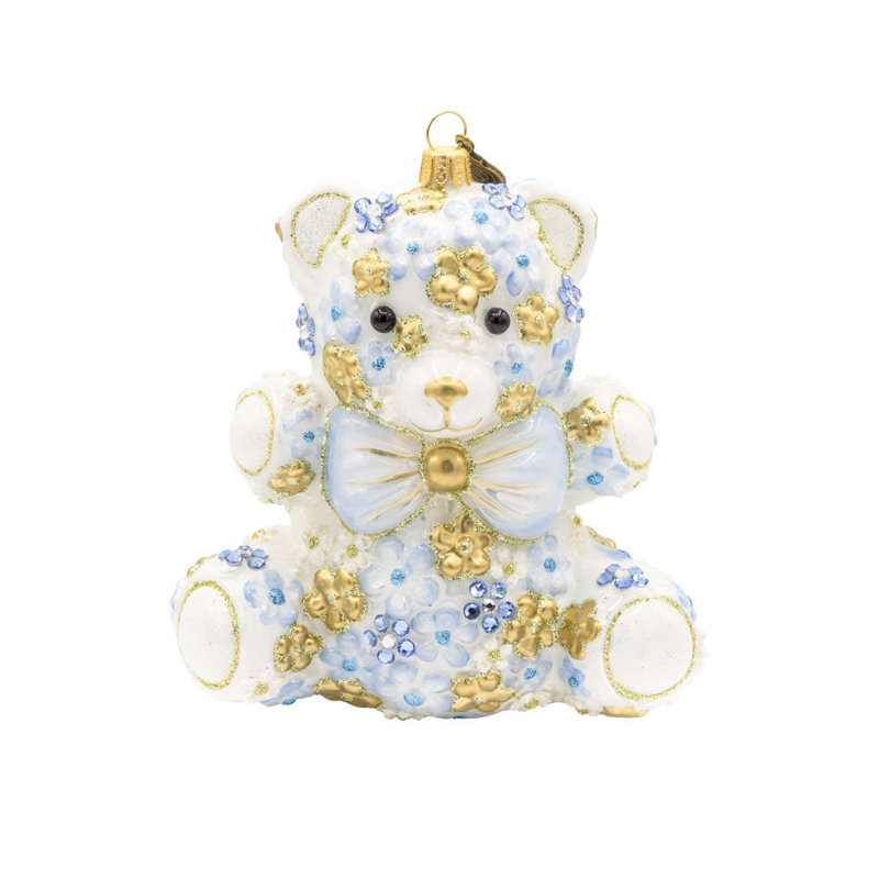 Ornement floral bleu en peluche, Blanc / or / bleu