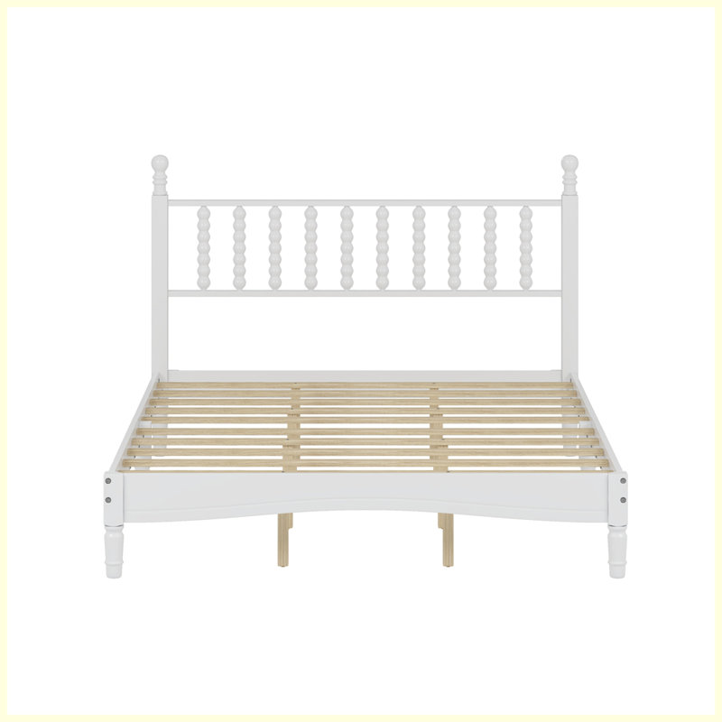 Queen Size Wood Platform Bed with Gourd Shaped Headboard,Retro Style Platform Bed with Wooden Slat Support, White