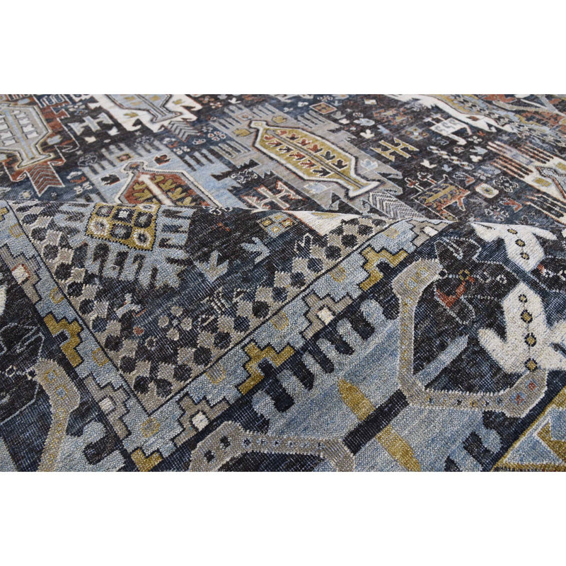 Tapis oriental rectangulaire en laine noué à la main gris anthracite / gris, Rectangle 8 pi x 10 pi