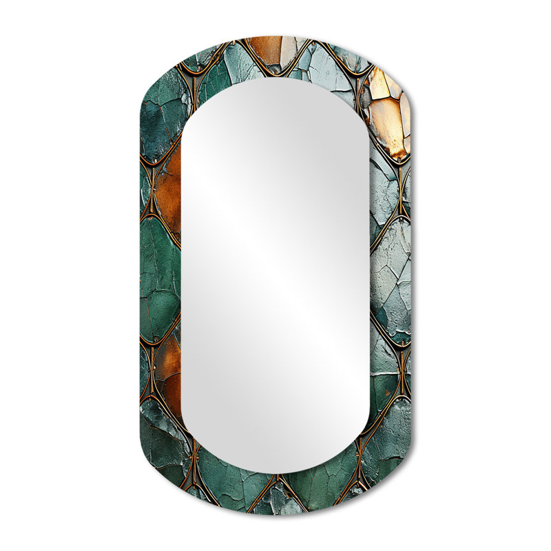 Green and gold marble Mosaic tiles  II - Tile Cylinder Mirror, Green Asymmetrical Unique Wall Mirror, Printed Metal Art