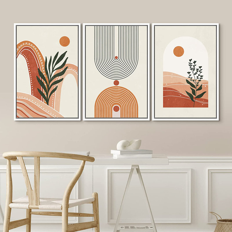 «Mid Century Modern Boho Sunny Desert Plants», ensemble de 3 impressions sur toile à cadre flottant, H 24 po x l 48 po, Blanc