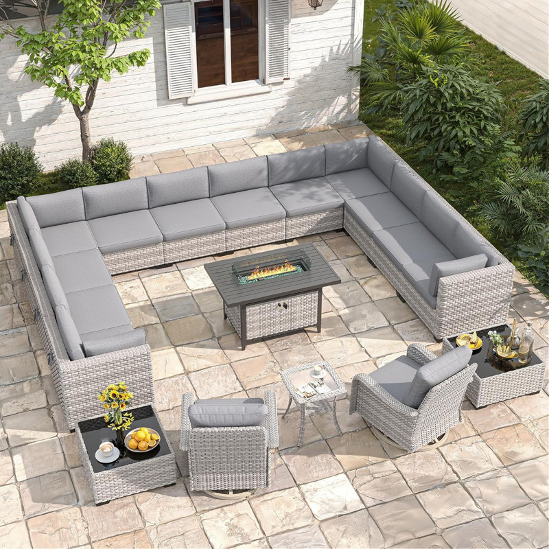 14 - Person Outdoor Wicker Patio Conversation Furniture Set with Fire Pit Table, Gray