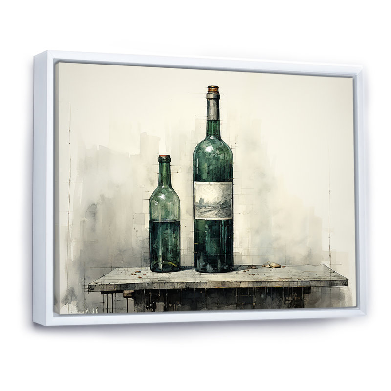 Vert minimaliste bouteilles de vin Silhouette II - art mural vin, Cadre flottant blanc, H 34 po x l 44 po x P 1,5 po
