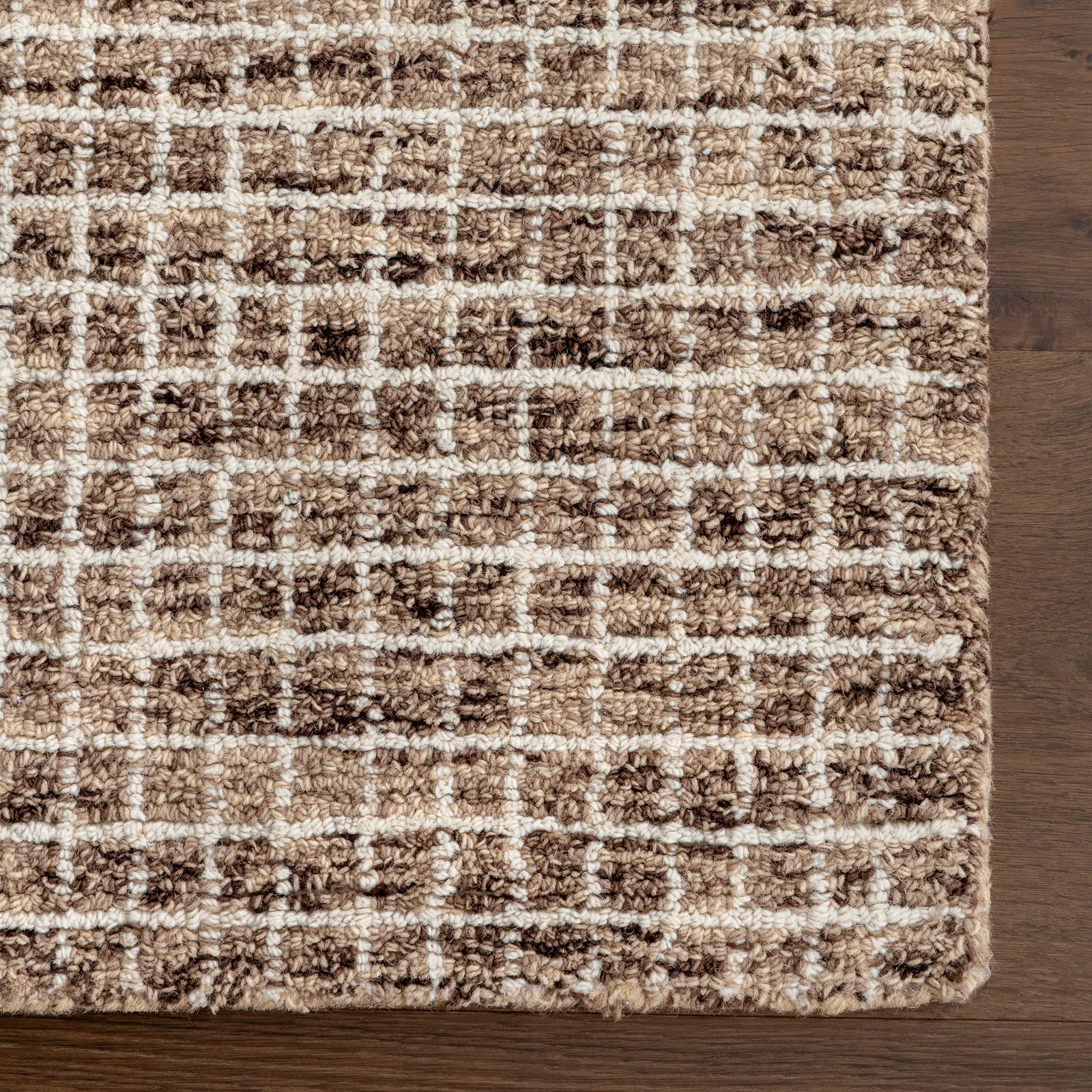 Katasha Checked Wool Brown Area Rug, Runner 2'6" x 10'