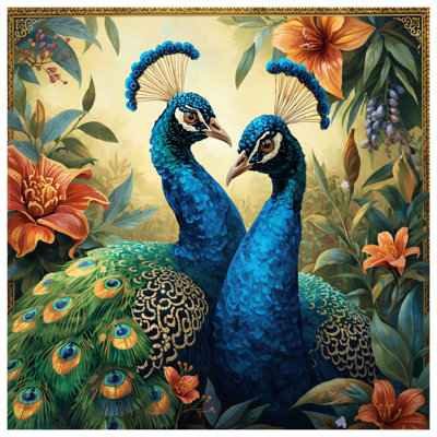 Paons bleus avec couvertures de fleurs