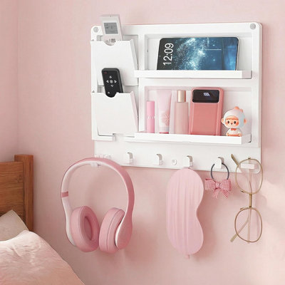 White No Drill Wall Mount Bedside Organizer with Multi Hooks Storage Shelf