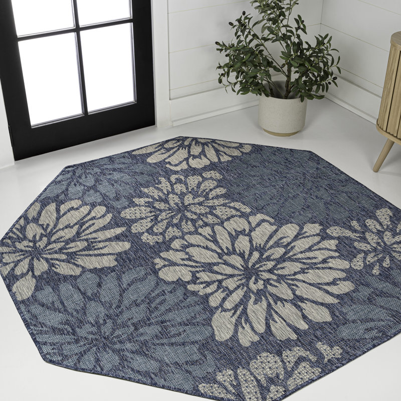 Hagy Modern Floral Textured Weave Navy/Aqua Indoor/Outdoor Rug, Octagon 7'9"