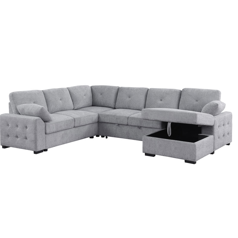 Canapé modulaire en L à dossier mi-ferme à dossier mi-ferme avec surface en chenille, méridienne coulissante et rangement, deux coussins décoratifs pour un intérêt visuel, profondeur de 32,6 po, largeur de 116,06 po, 35,11 po