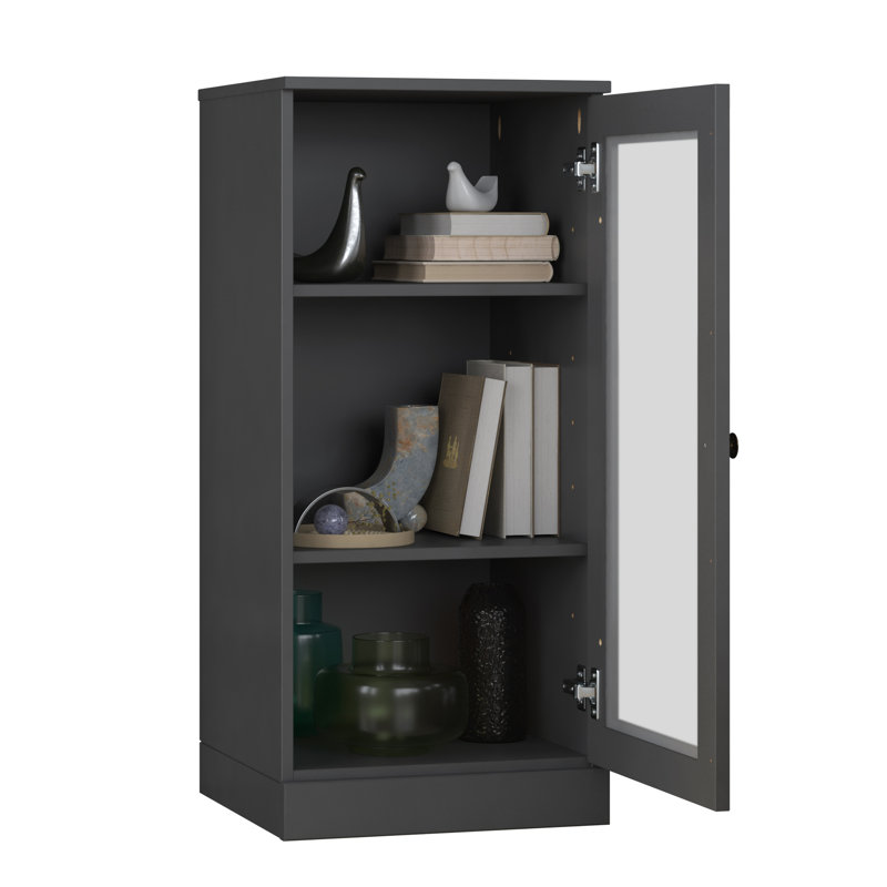 Bibliothèque 100% bois massif à 3 tablettes avec porte en verre givré et tablettes réglables, Gris