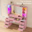 Coiffeuse cannelée avec miroir lumineux, station de recharge, lumières DEL synchronisées au son, meubles en bois, armoires vitrées luxueuses, 8 tiroirs, grande coiffeuse rose pour filles et femmes