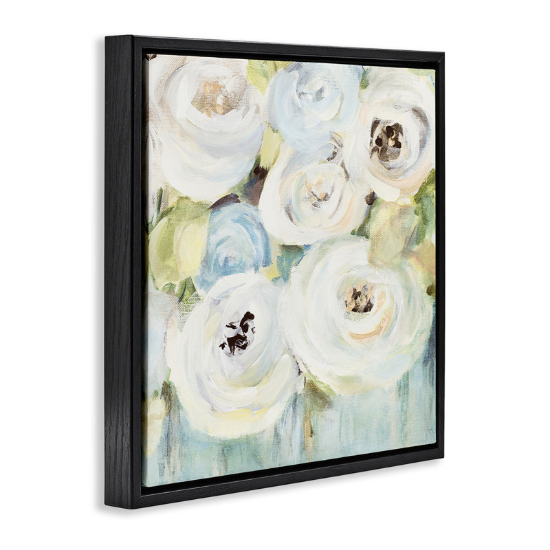 "White Swirling Roses", art mural encadré par Lanie Loreth, Cadre flottant noir de jais, H 18 po x l 18 po
