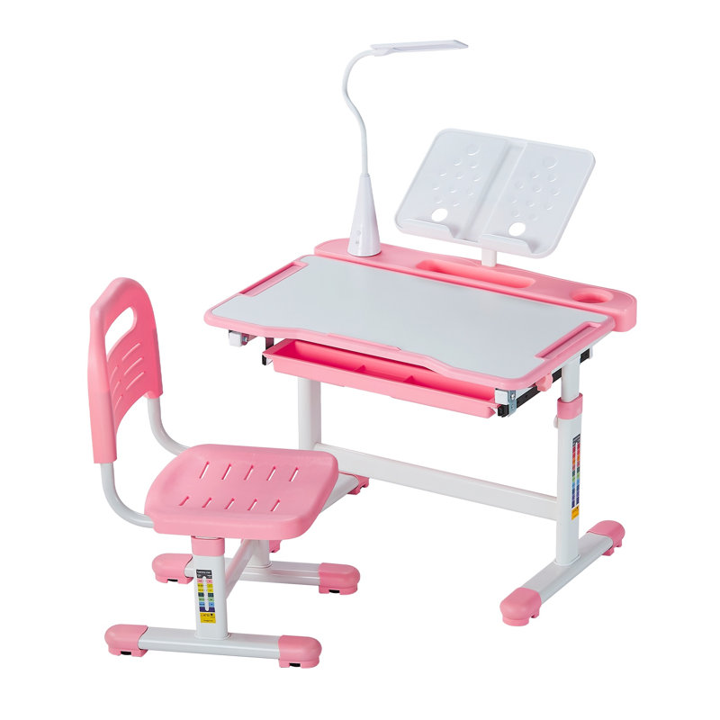 Ensemble de bureau et de chaise pour enfants avec plateau inclinable réglable, table d'écriture ergonomique pour étudiant avec lampe, rose