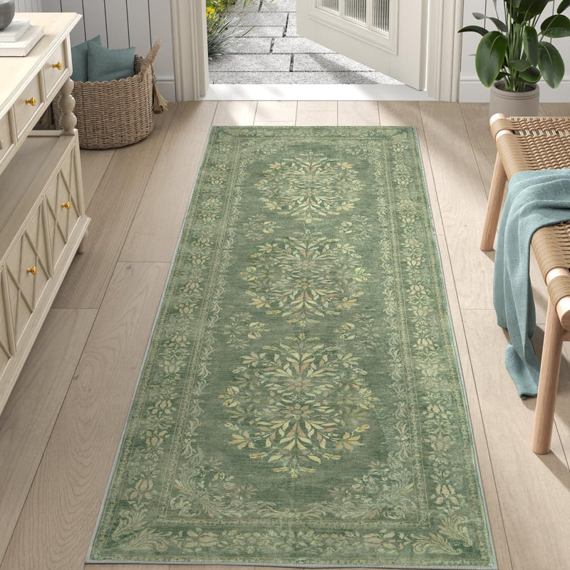 Vintage Floral Distressed Design Non-Slip Low-Pile Soft Thin Faux Wool Area Rug, Runner 2' x 8'
