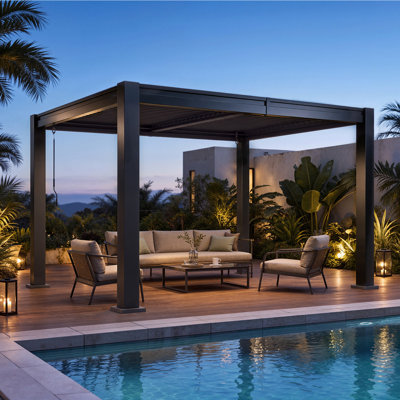 Pergola extérieure de 3,66 m x 3,05 m avec toit à lames orientables et drainage intégré, pergola métallique robuste à lames orientables pour patios