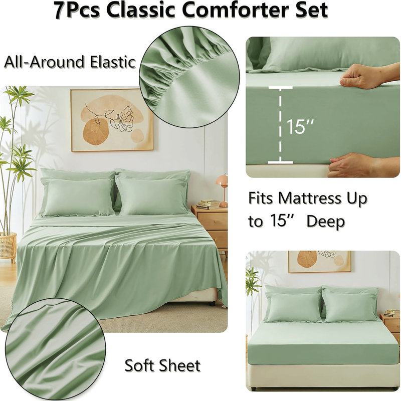 7-Piece Comforter Set, Microfiber, All Season Bed in a Bag – Sage, King, King Comforter + 6 Additional Pieces, Sage Green