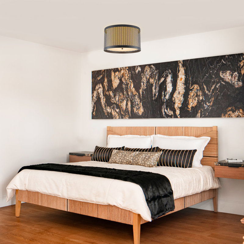 Plafonnier encastré industriel noir mat de 40 cm (16 po) avec abat-jour en lin beige et diffuseur en acrylique