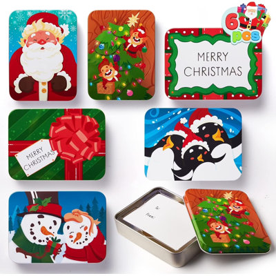 6 Pcs Gift Card Boxes Holder for Christmas, 4.33" x 2.6" x 0.6" Christmas Tins with Lids 6 Designs, Xmas Holiday Presents Decor, Party Favor Box