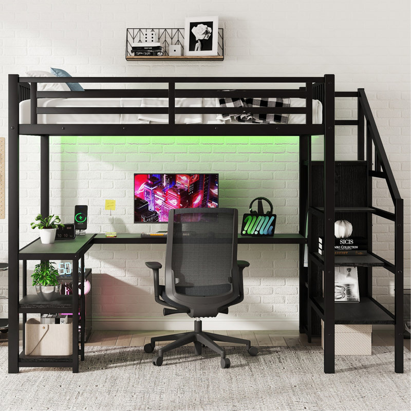 Lit mezzanine en métal avec garde-robe et lumière DEL, lit mezzanine avec bureau en forme de L et port USB