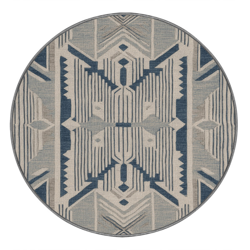 Washable Coastal Geometry Plus Coastal Area Rug, Round 5'