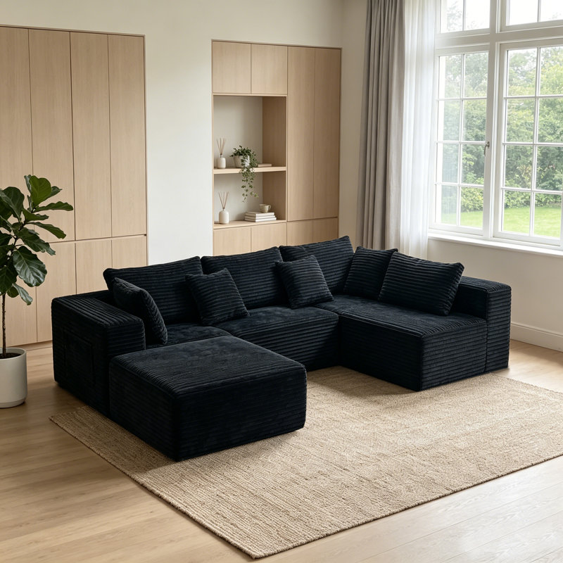 Canapé d'angle en U sans ossature de 141 pouces avec pouf, velours côtelé noir, 23.6" H x 141.6" W x 70.8" D