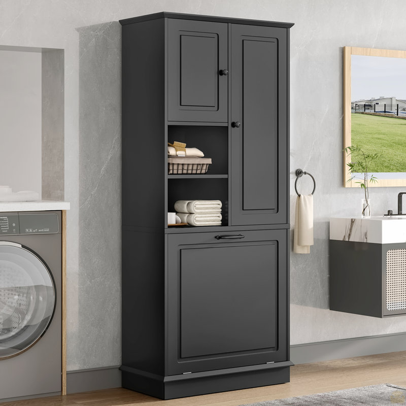 Grande armoire de rangement avec tablettes réglables, grand panier rabattable et armoires fermées, Noir