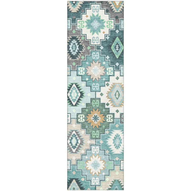 Premium Machine Washable Mayfield  Ethnic Rug, 2'3" x 7'6" Runner, Teal