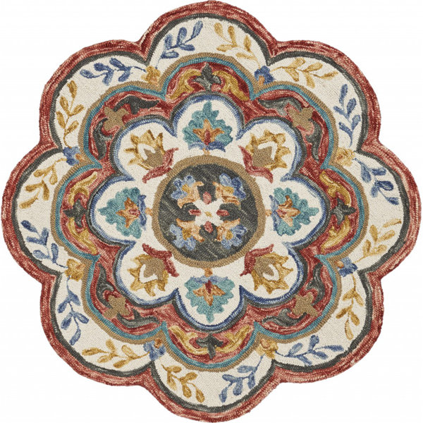 Canora Grey Round Padula Floral Hand-Knotted Wool Red/Blue/Orange Area ...