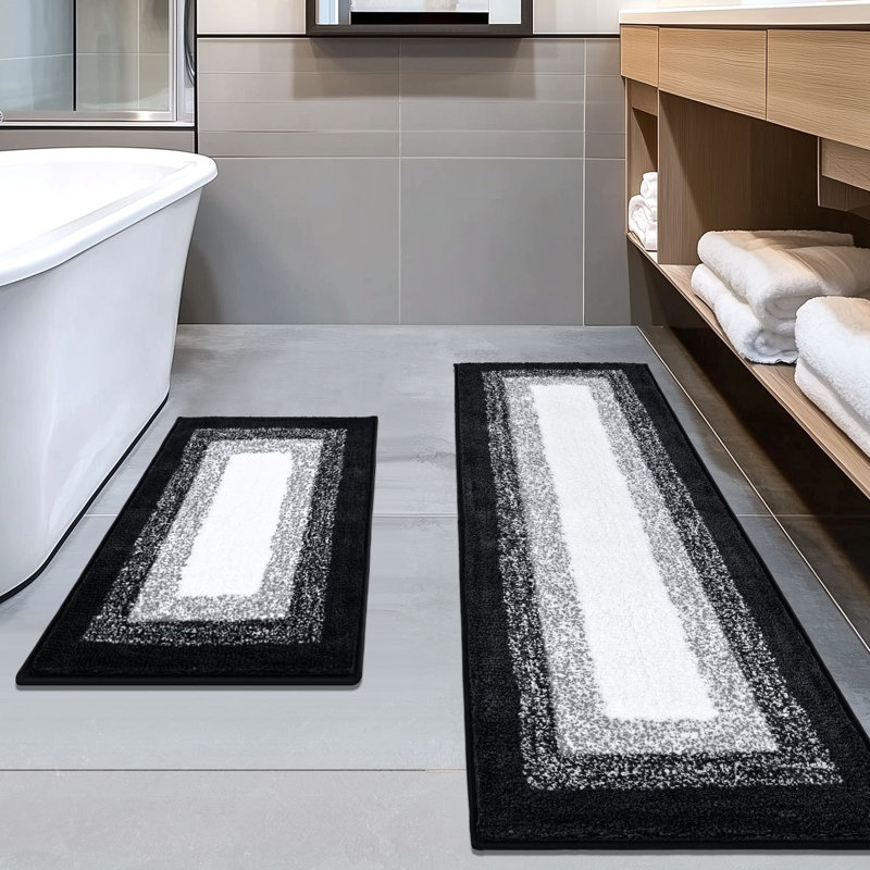 Geometric Super Soft & Absorbent Washable Bathroom Mat Set of 2, Black