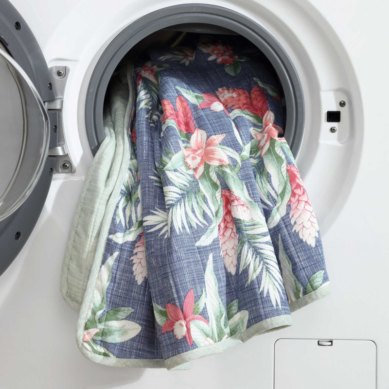 Navy Cotton Reversible Full Quilt Set with Floral Design