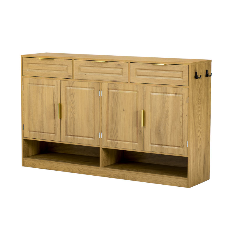 Sideboard With 3 Drawers And 4 Doors, Storage Buffet With Adjustable Shelf And Open Storage Compartments, Natural