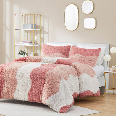 Édredon en fausse fourrure à poil long double / grand ombre, rembourrage, motif rayé ton sur ton, 2 taies décoratives, dossier en microfibre, édredon grand lavable à la machine, rembourré, rayé, envers,