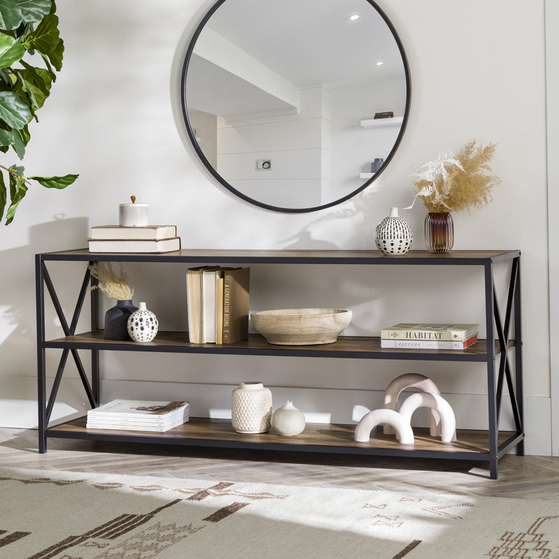 Bibliothèque étagère en métal H 26 po x l 40 po Eulas, Chêne rustique, 26 po H x 60 po L x 16 po P